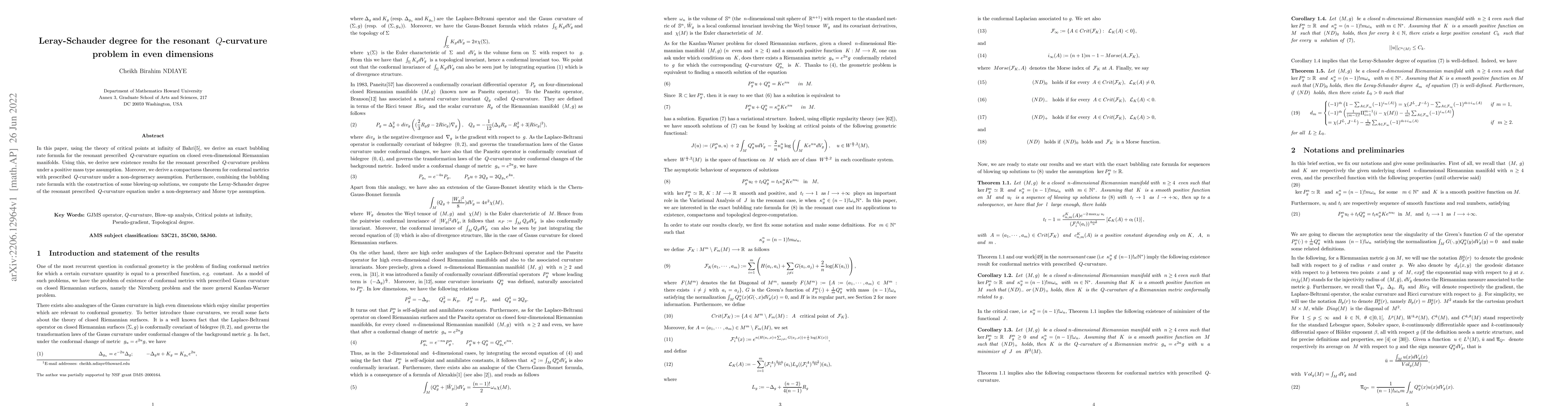 Thumbnail for Leray-Schauder degree for the resonant Q-curvature problem in even
  dimensions