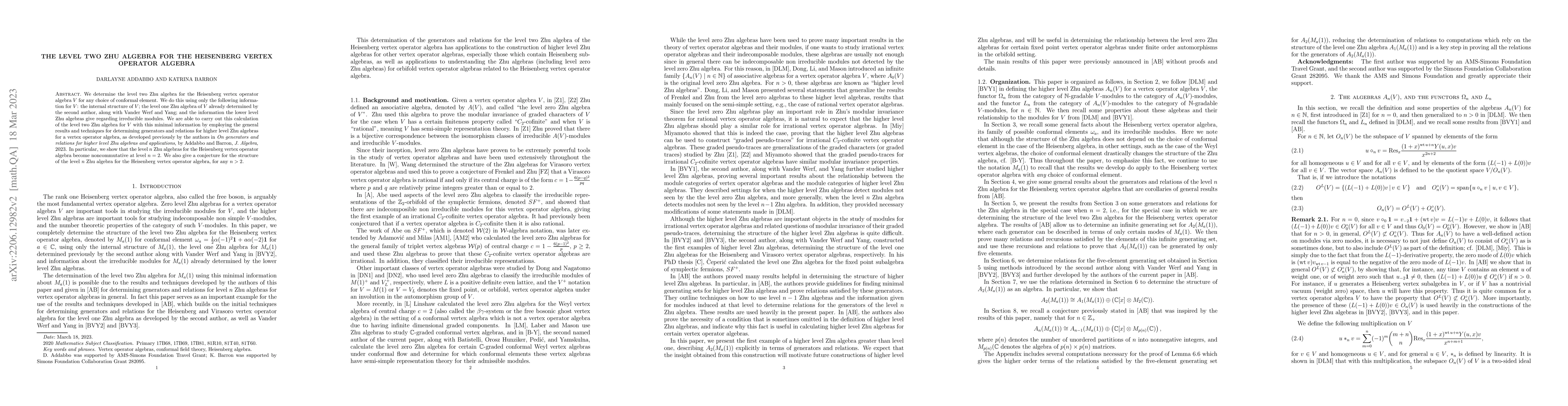 Thumbnail for The level two Zhu algebra for the Heisenberg vertex operator algebra