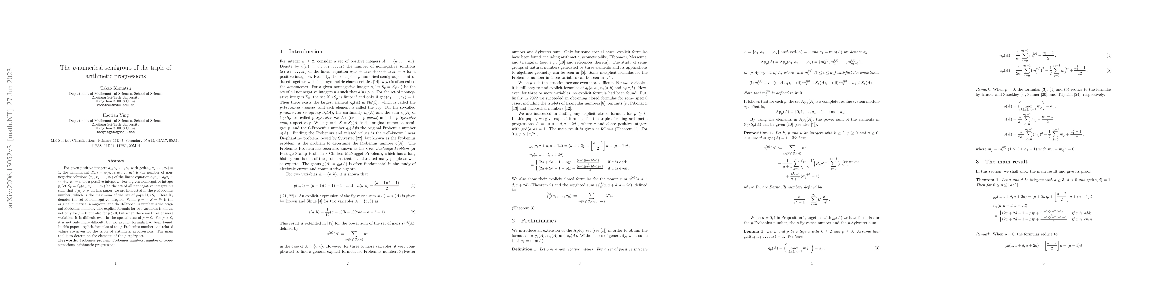 Thumbnail for The $p$-numerical semigroup of the triple of arithmetic progressions