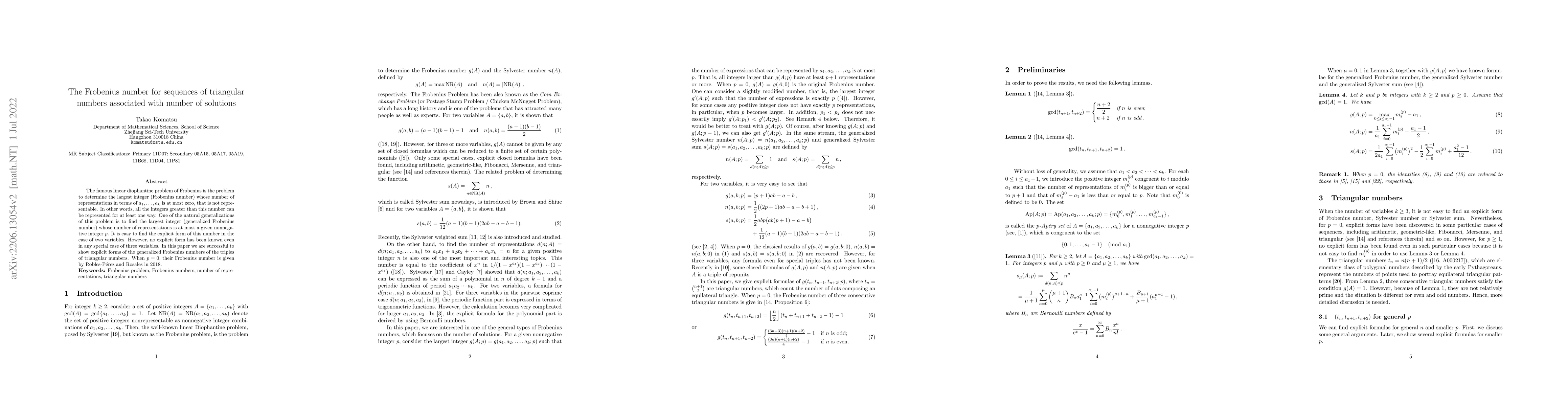 Thumbnail for The Frobenius number for sequences of triangular numbers associated with
  number of solutions
