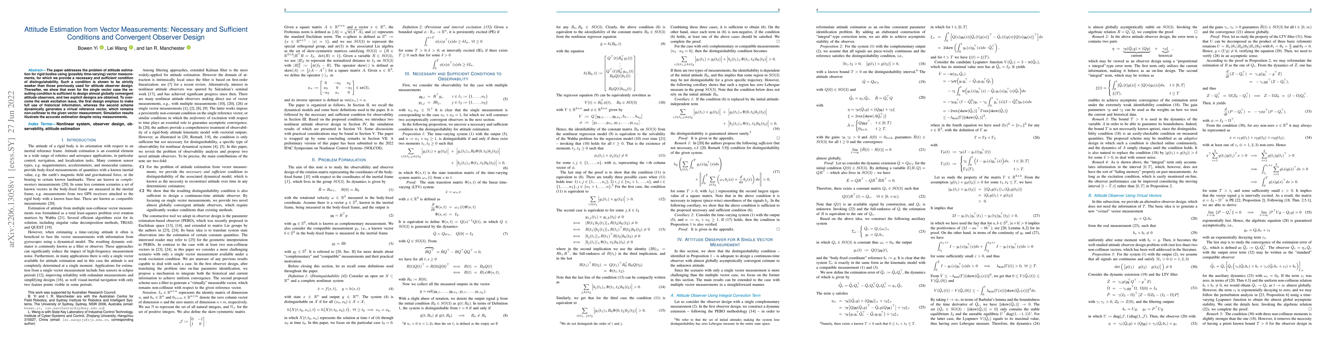 Thumbnail for Attitude estimation from vector measurements: Necessary and sufficient
  conditions and convergent observer design