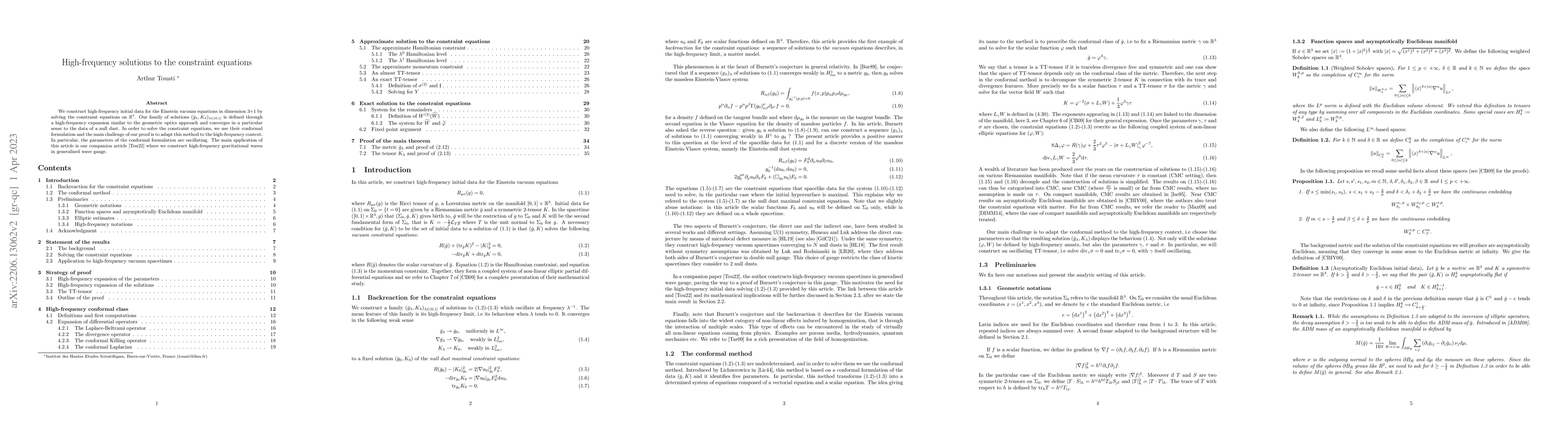 Thumbnail for High-frequency solutions to the constraint equations