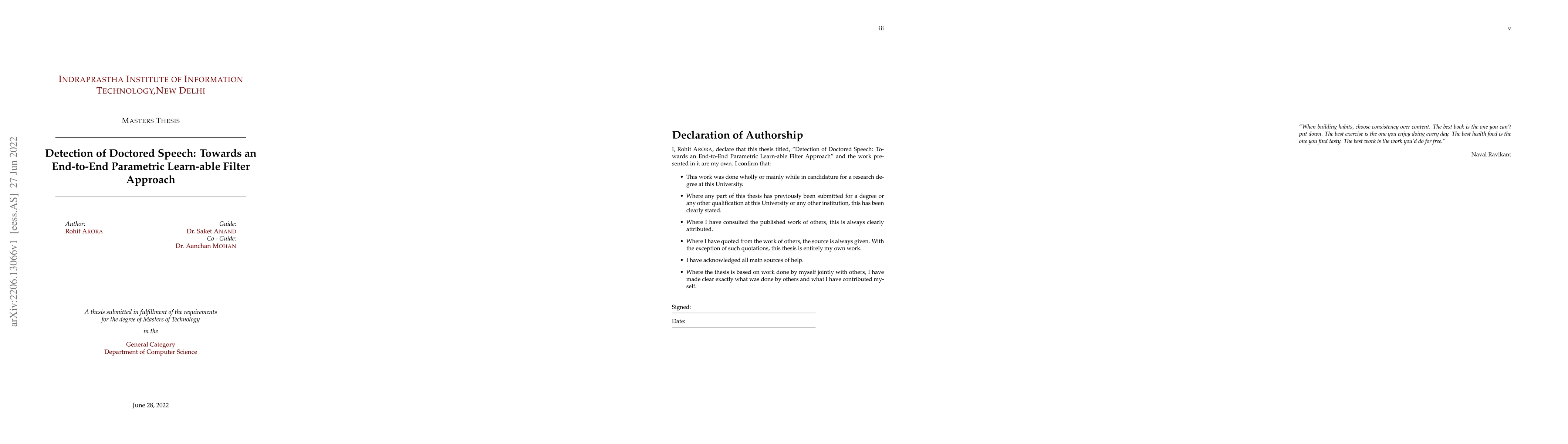 Thumbnail for Detection of Doctored Speech: Towards an End-to-End Parametric
  Learn-able Filter Approach