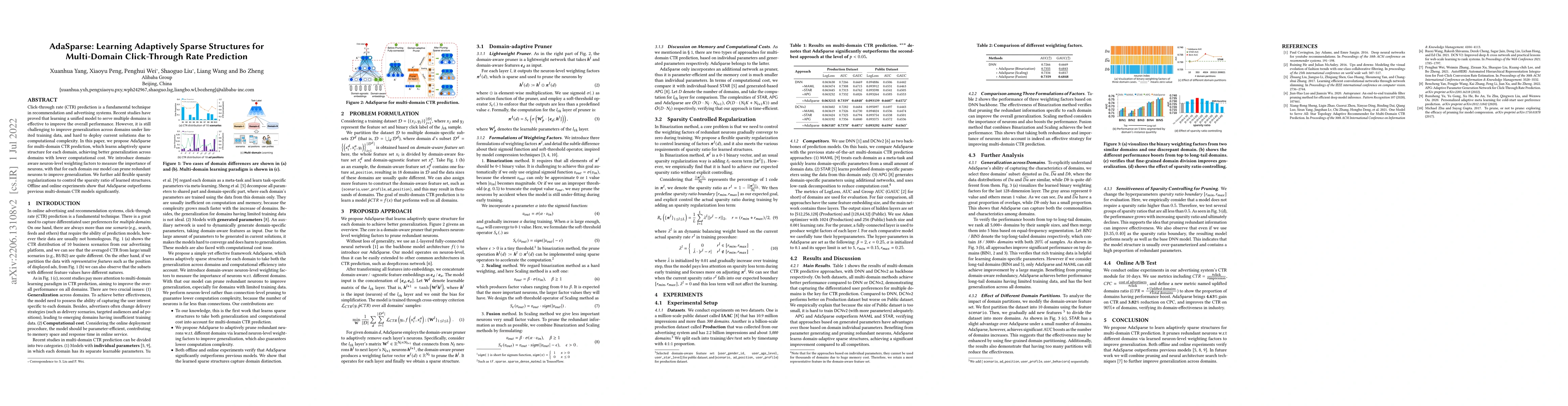 Thumbnail for AdaSparse: Learning Adaptively Sparse Structures for Multi-Domain
  Click-Through Rate Prediction