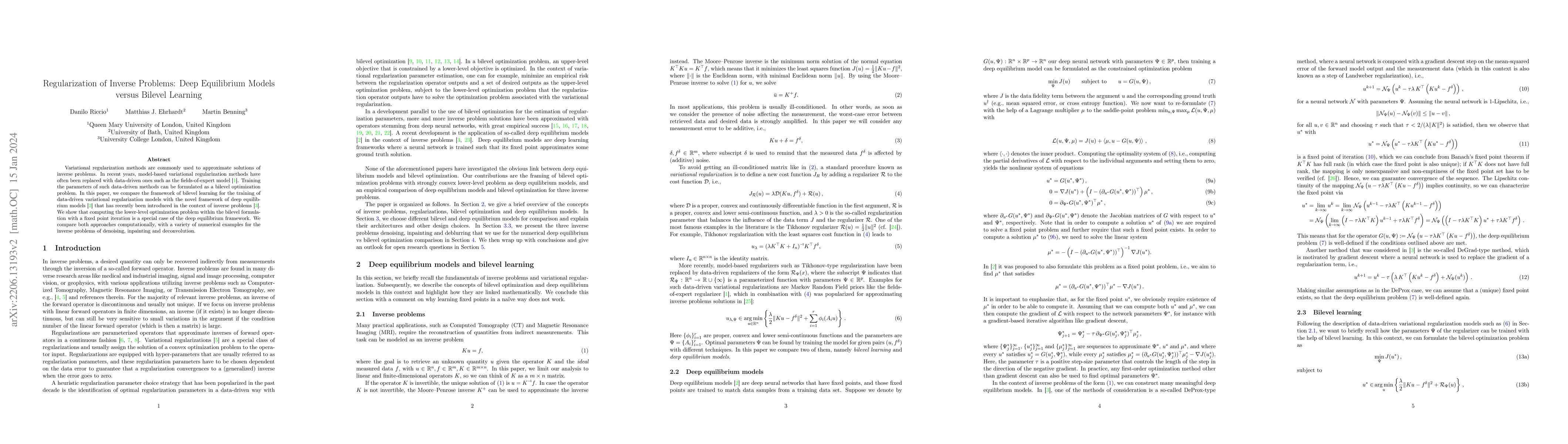 Thumbnail for Regularization of Inverse Problems: Deep Equilibrium Models versus
  Bilevel Learning