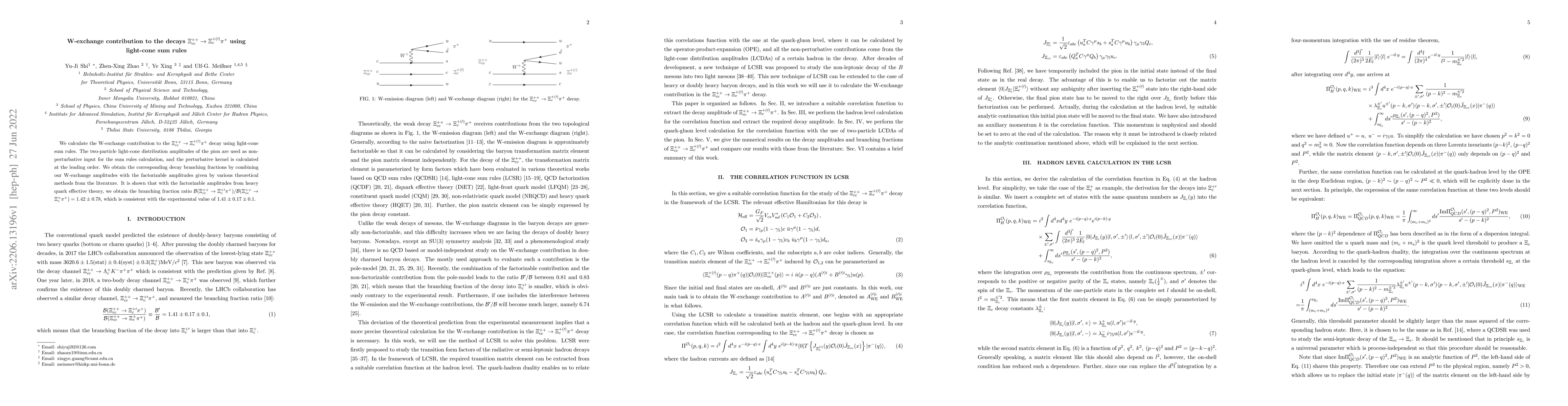 Thumbnail for W-exchange contribution to the decays
  $\Xi_{cc}^{++}\to\Xi_{c}^{+(\prime)}\pi^{+}$ using light-cone sum rules