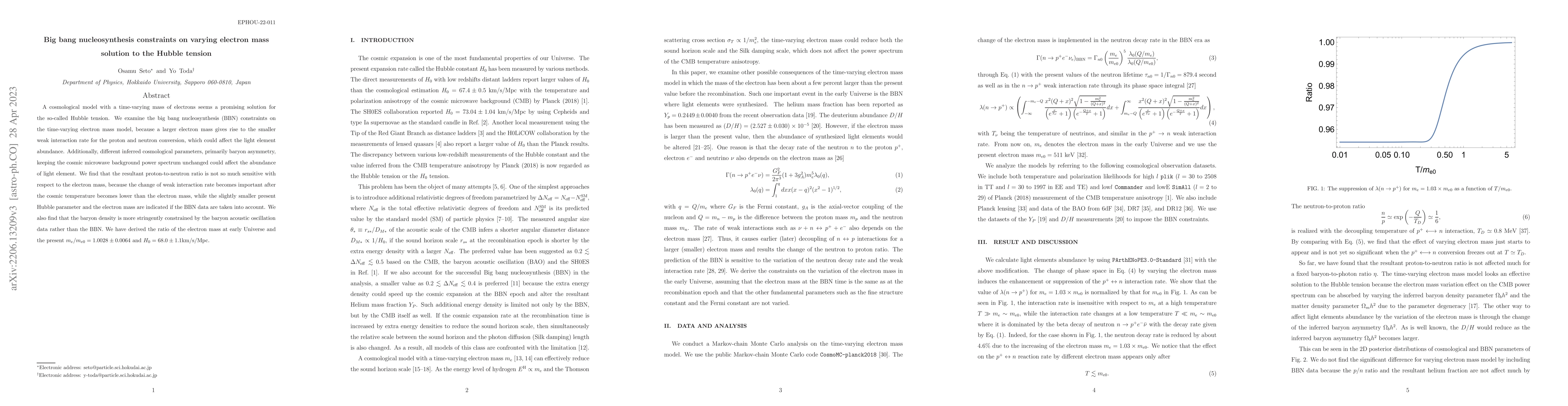 Thumbnail for Big Bang Nucleosynthesis constraints on varying electron mass solution
  to the Hubble tension