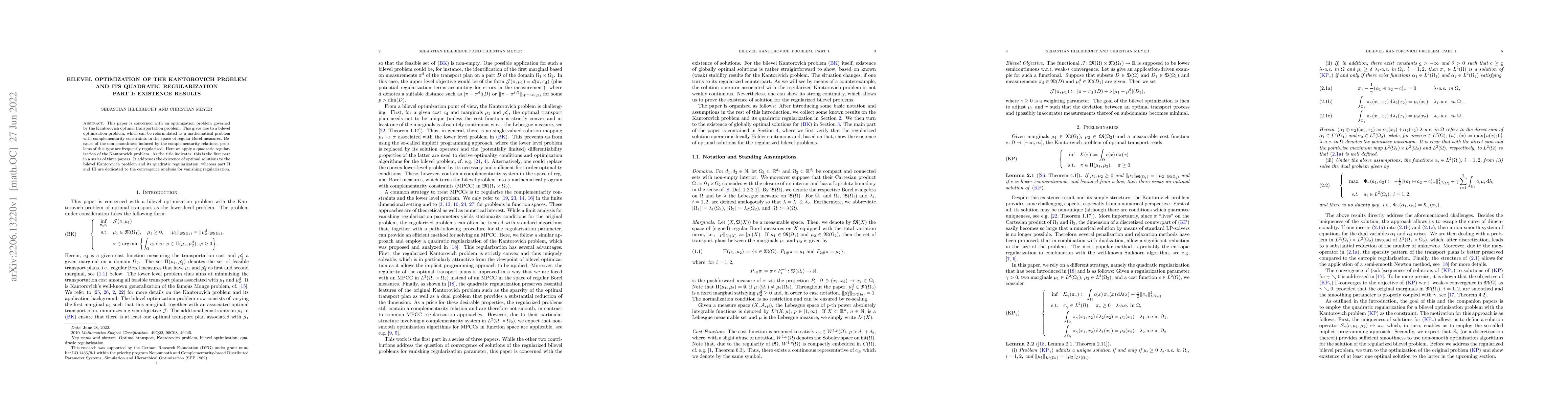 Thumbnail for Bilevel Optimization of the Kantorovich Problem and its Quadratic
  Regularization Part I: Existence Results