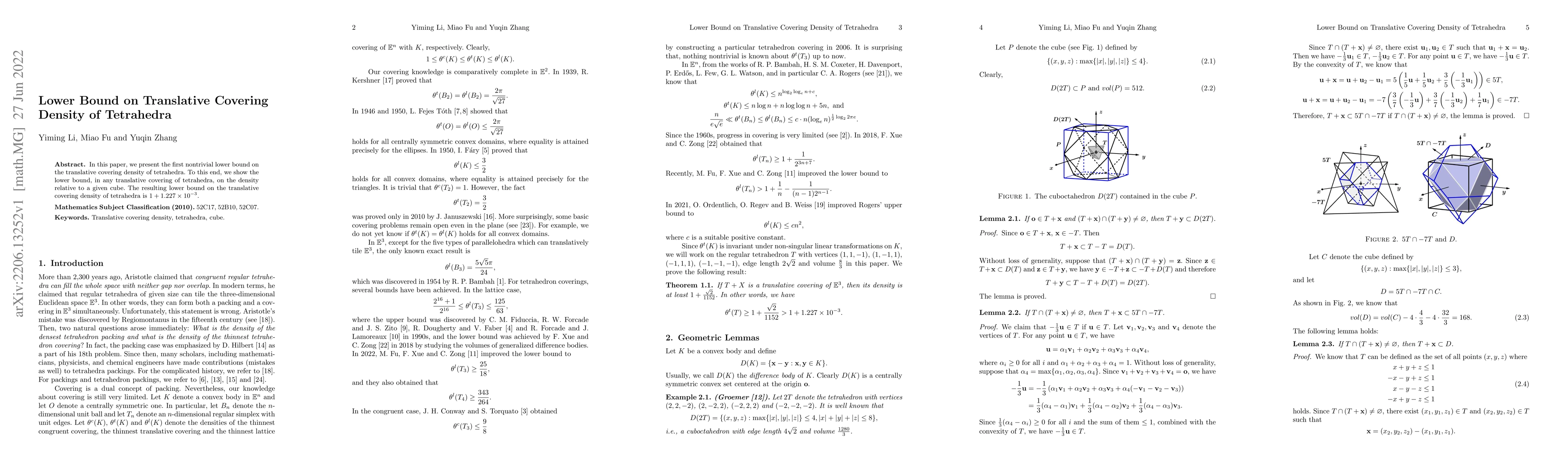 Thumbnail for Lower Bound on Translative Covering Density of Tetrahedra