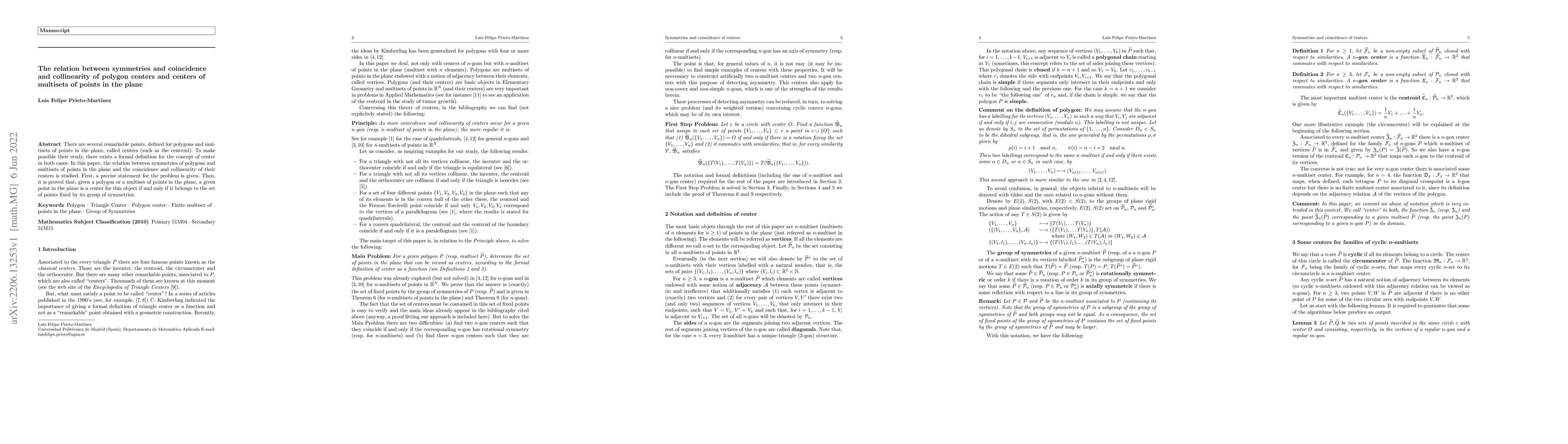Thumbnail for The relation between symmetries and coincidence and collinearity of
  polygon centers and centers of multisets of points in the plane