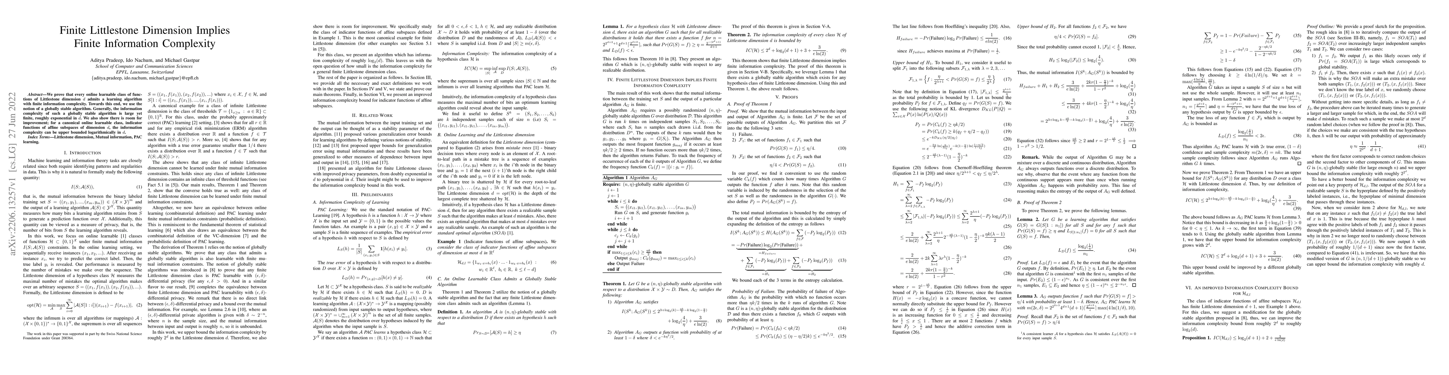 Thumbnail for Finite Littlestone Dimension Implies Finite Information Complexity