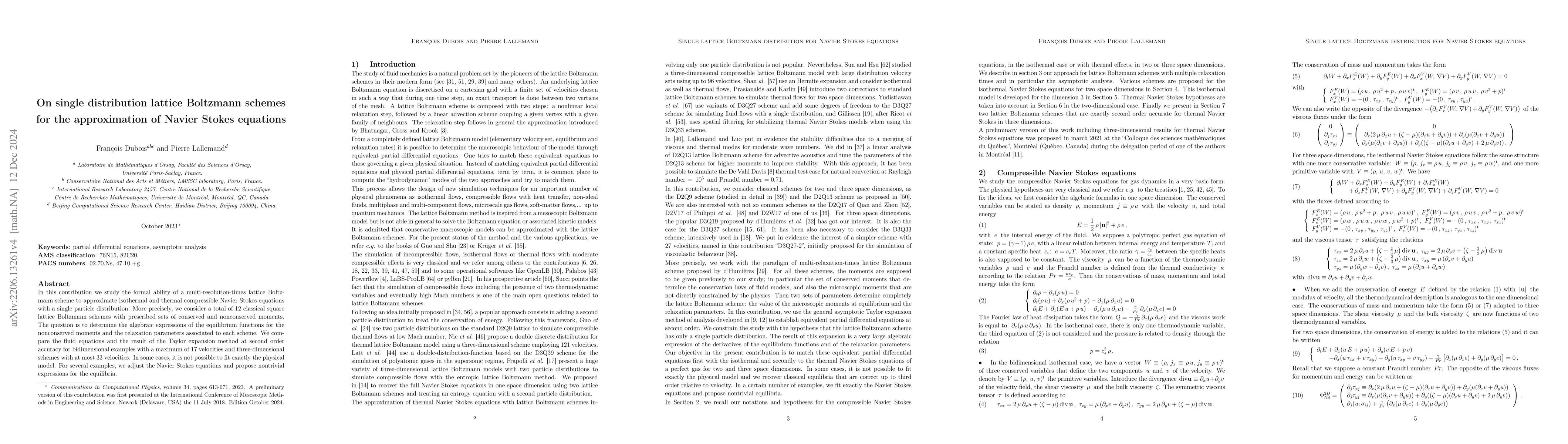 Thumbnail for On single distribution lattice Boltzmann schemes for the approximation
  of Navier Stokes equations