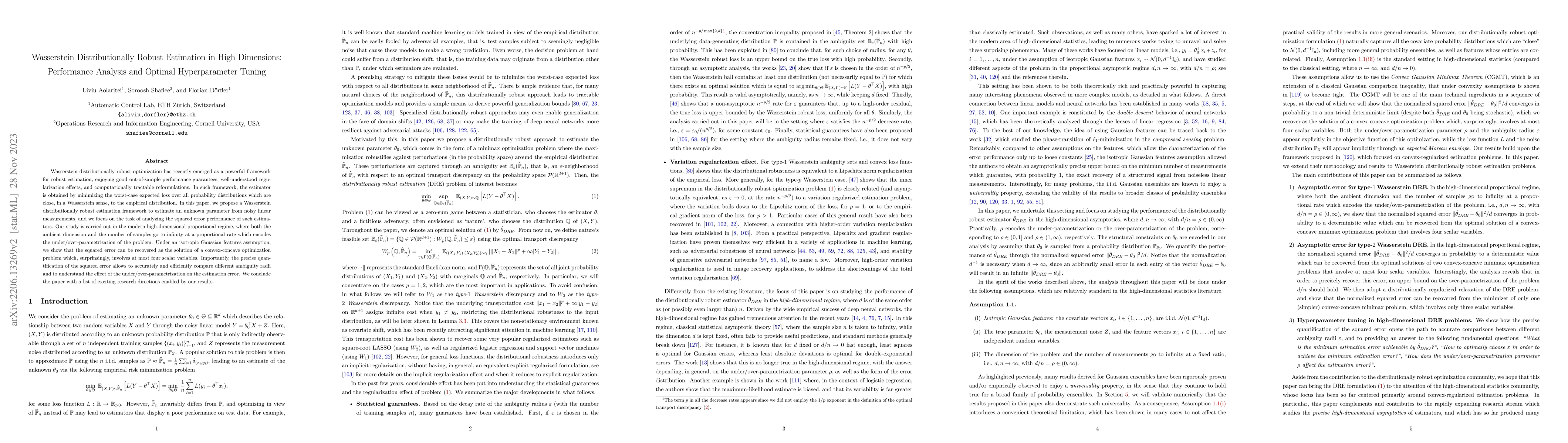 Thumbnail for Wasserstein Distributionally Robust Estimation in High Dimensions:
  Performance Analysis and Optimal Hyperparameter Tuning