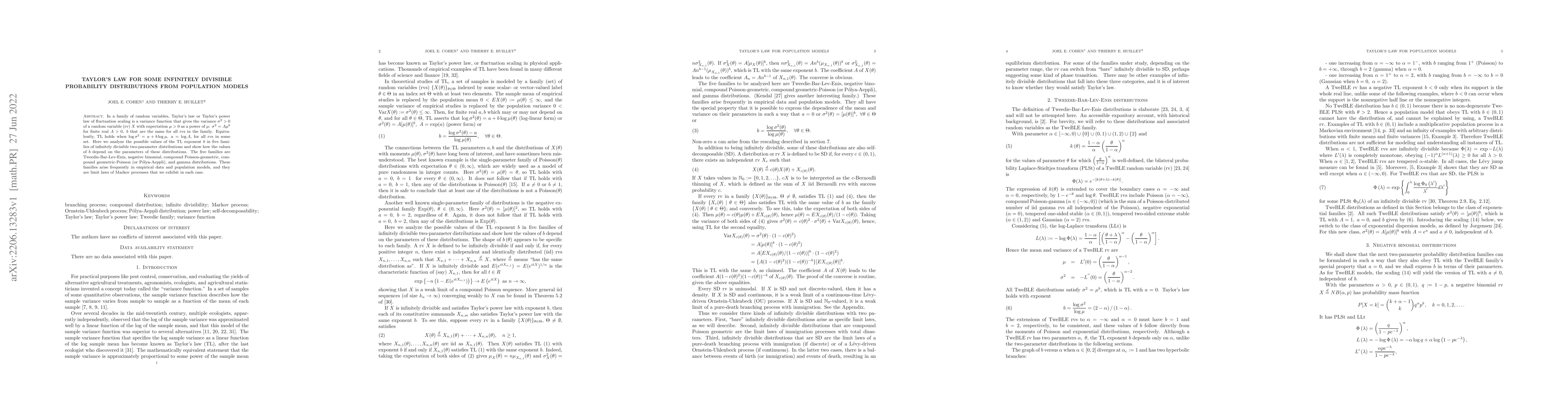 Thumbnail for Taylor's Law for some infinitely divisible probabbility distributions
  from population models