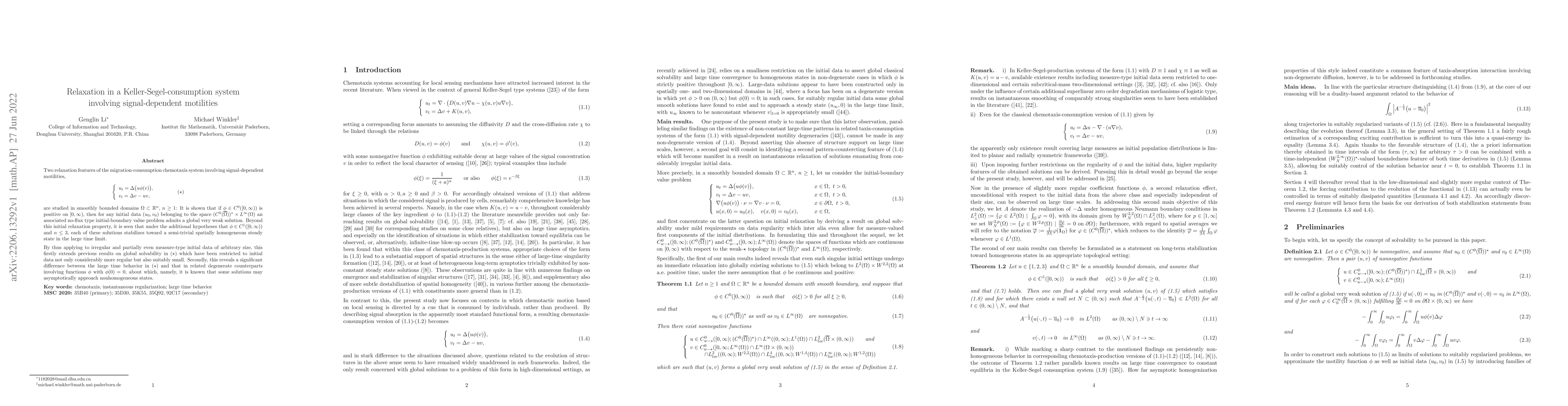 Thumbnail for Relaxation in a Keller-Segel-consumption system involving
  signal-dependent motilities