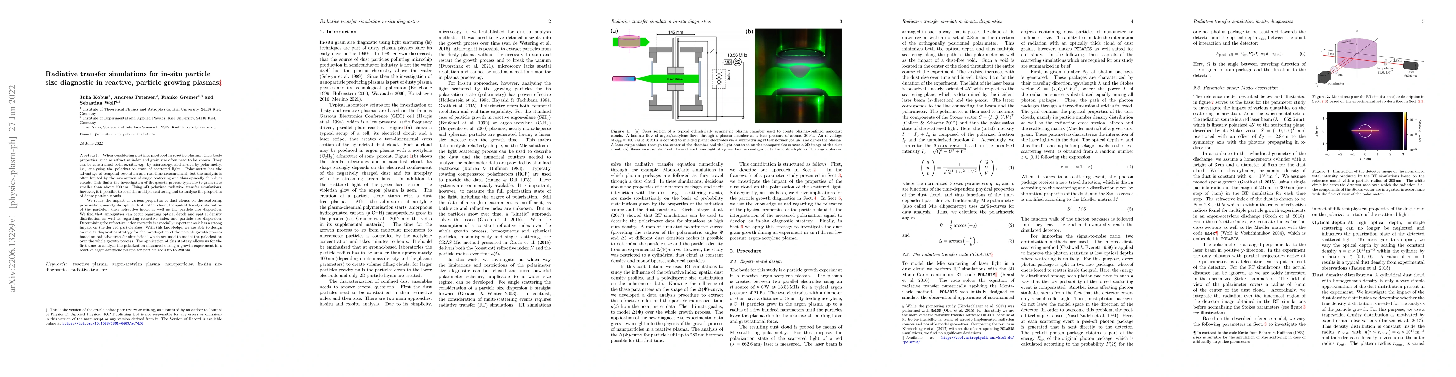 Thumbnail for Radiative transfer simulations for in-situ particle size diagnostic in
  reactive, particle growing plasmas
