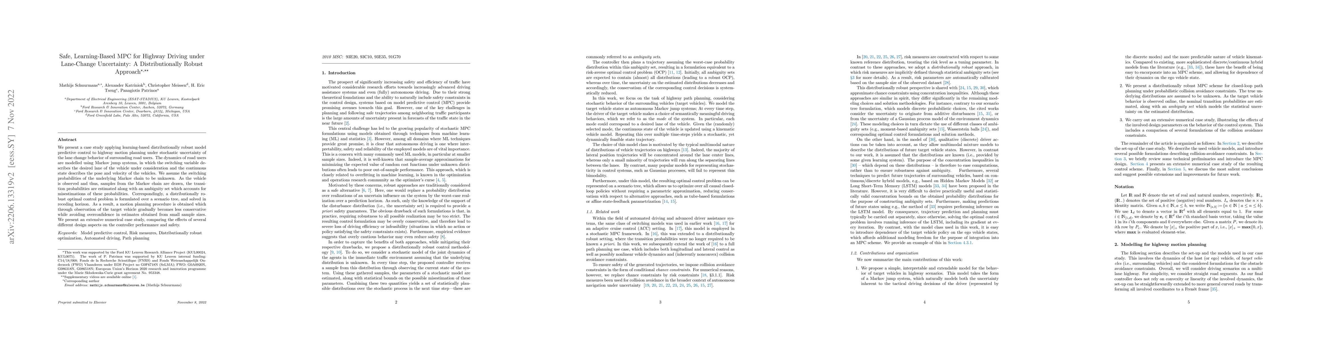 Thumbnail for Safe, Learning-Based MPC for Highway Driving under Lane-Change
  Uncertainty: A Distributionally Robust Approach