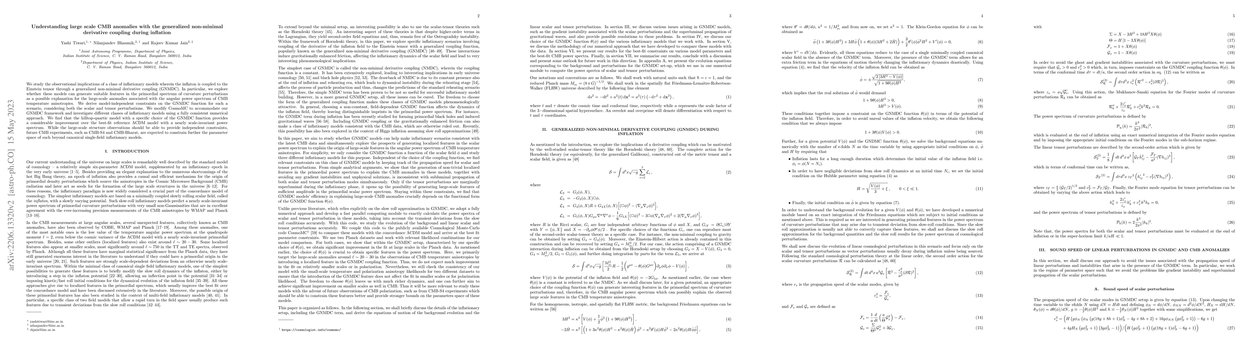 Thumbnail for Understanding large scale CMB anomalies with the generalized non-minimal
  derivative coupling during inflation