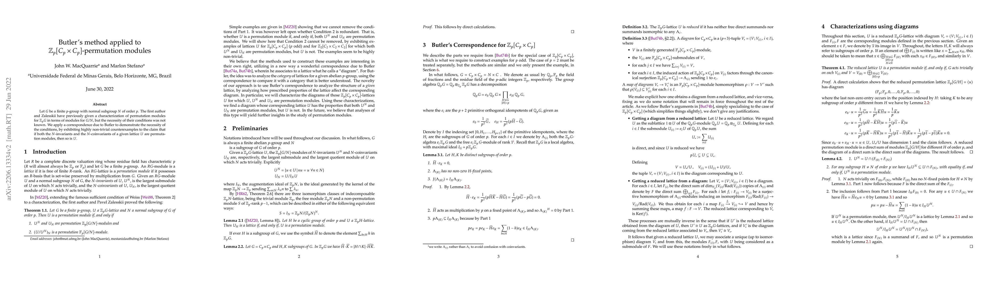 Thumbnail for Butler's Method applied to $\mathbb{Z}_p[C_p\times C_p]$-permutation
  modules
