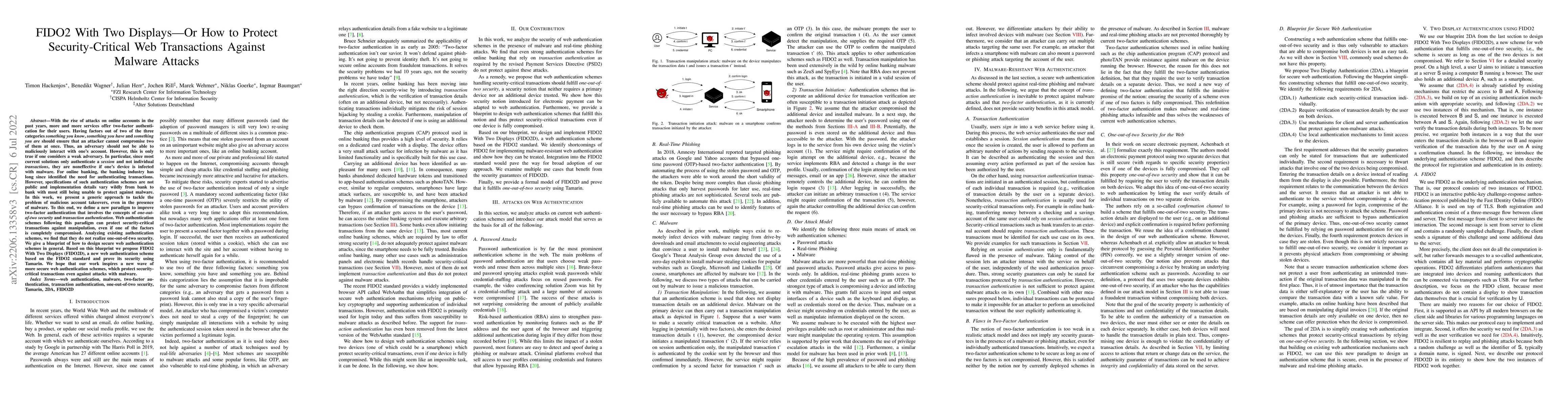 Thumbnail for FIDO2 With Two Displays-Or How to Protect Security-Critical Web
  Transactions Against Malware Attacks