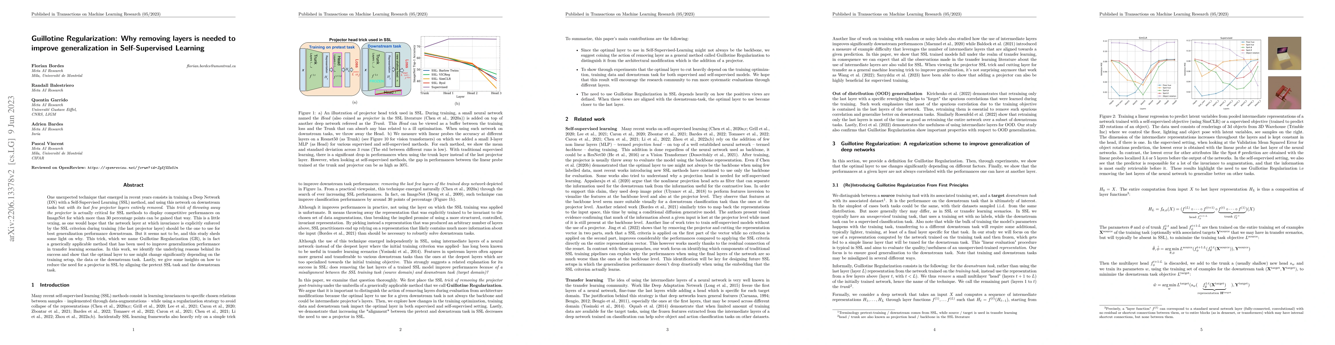 Thumbnail for Guillotine Regularization: Why removing layers is needed to improve
  generalization in Self-Supervised Learning