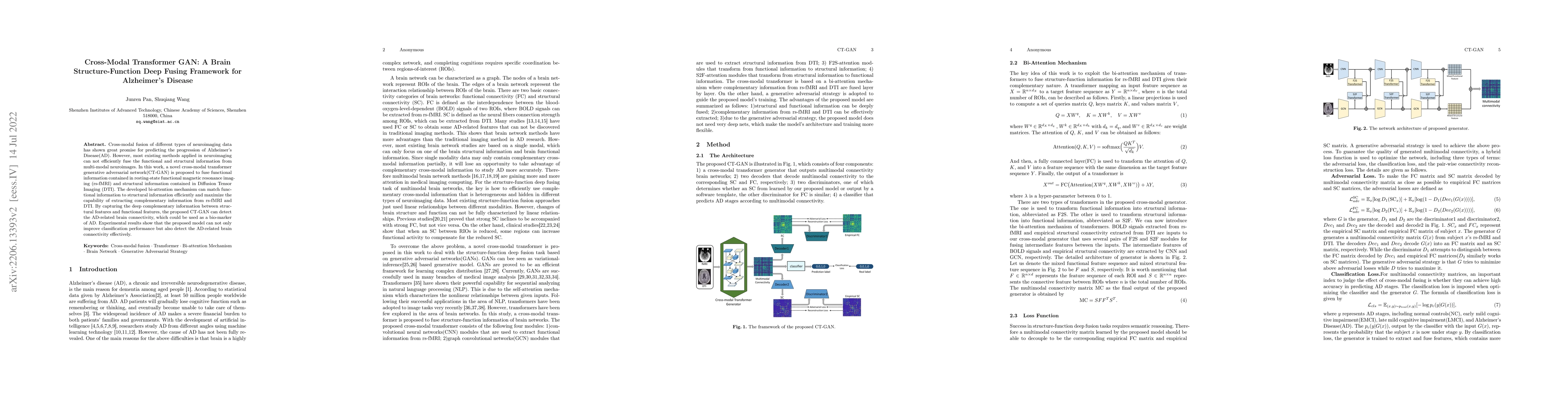 Thumbnail for Cross-Modal Transformer GAN: A Brain Structure-Function Deep Fusing
  Framework for Alzheimer's Disease