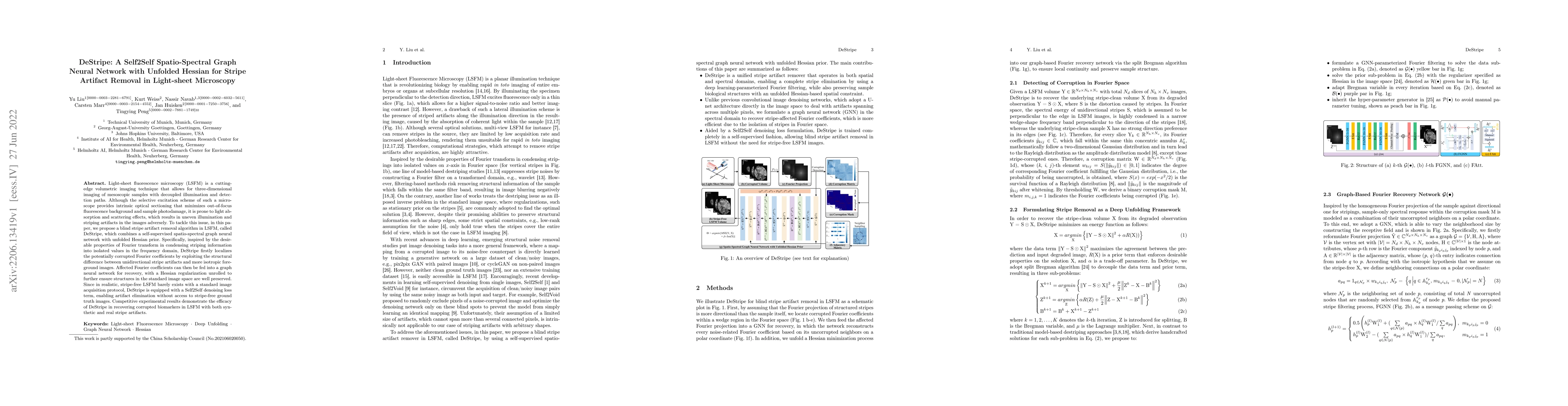 Thumbnail for DeStripe: A Self2Self Spatio-Spectral Graph Neural Network with Unfolded
  Hessian for Stripe Artifact Removal in Light-sheet Microscopy