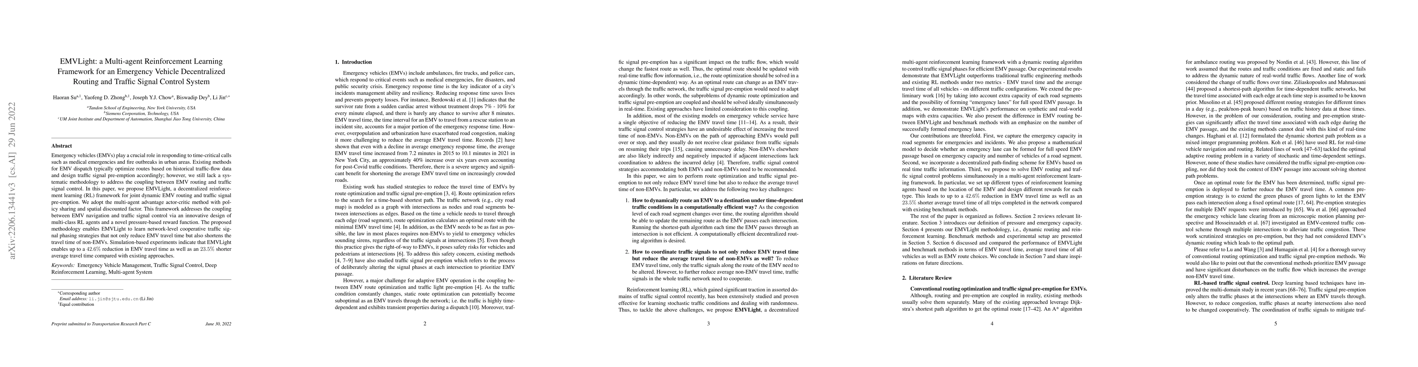 Thumbnail for EMVLight: a Multi-agent Reinforcement Learning Framework for an
  Emergency Vehicle Decentralized Routing and Traffic Signal Control System
