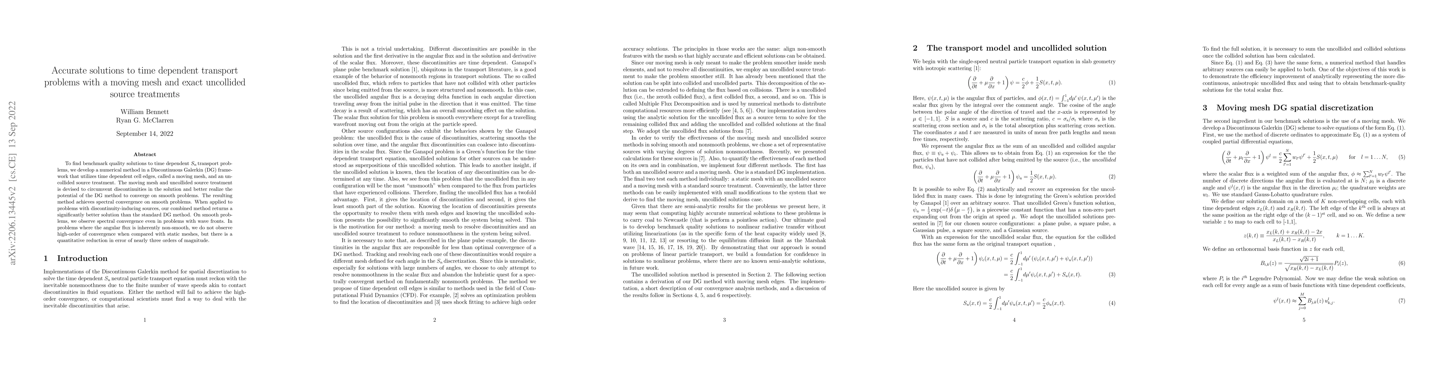 Thumbnail for Accurate solutions to time dependent transport problems with a moving
  mesh and exact uncollided source treatment