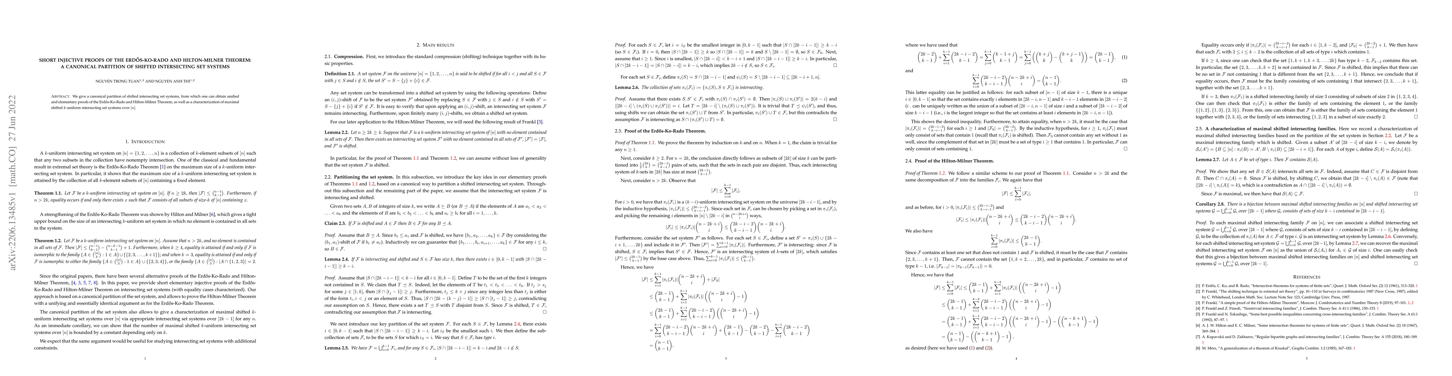 Thumbnail for Short injective proofs of the Erd\H{o}s-Ko-Rado and Hilton-Milner
  Theorem: A canonical partition of shifted intersecting set systems