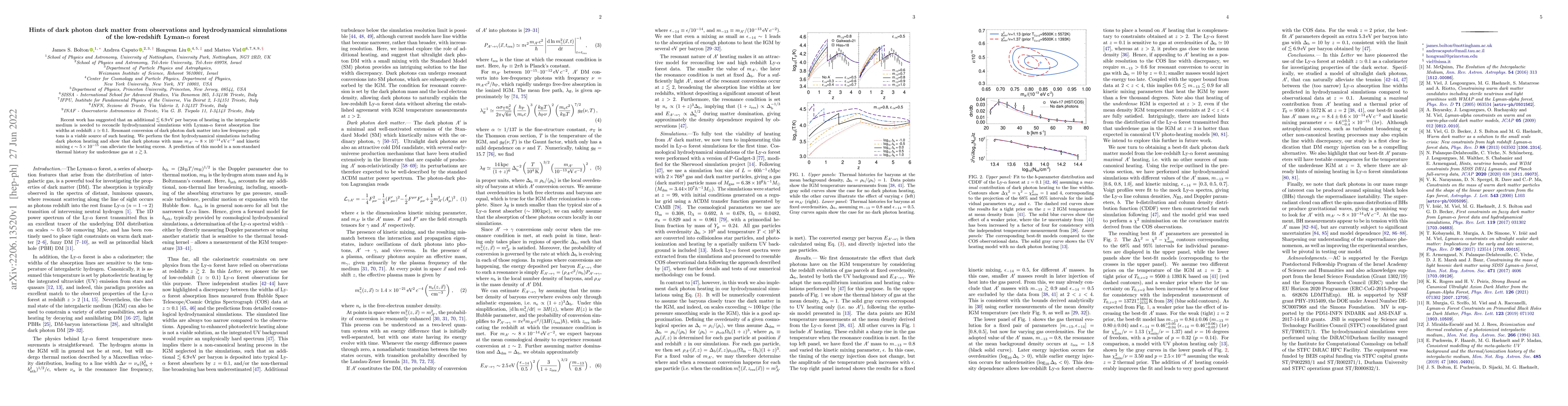 Thumbnail for Hints of dark photon dark matter from observations and hydrodynamical
  simulations of the low-redshift Lyman-$\alpha$ forest