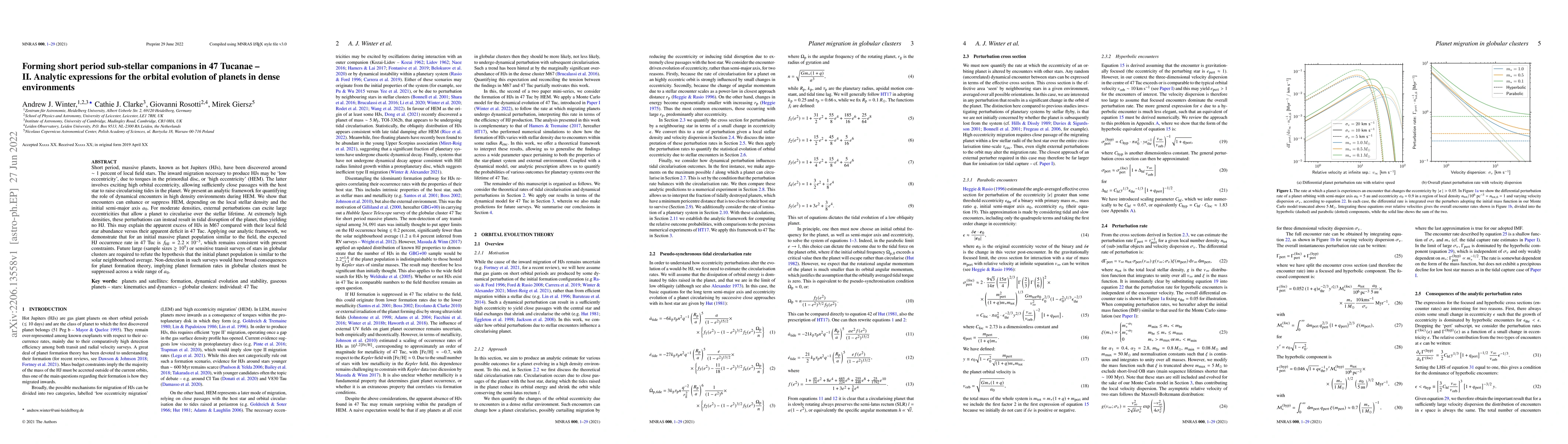 Thumbnail for Forming short period sub-stellar companions in 47 Tucanae -- II.
  Analytic expressions for the orbital evolution of planets in dense
  environments