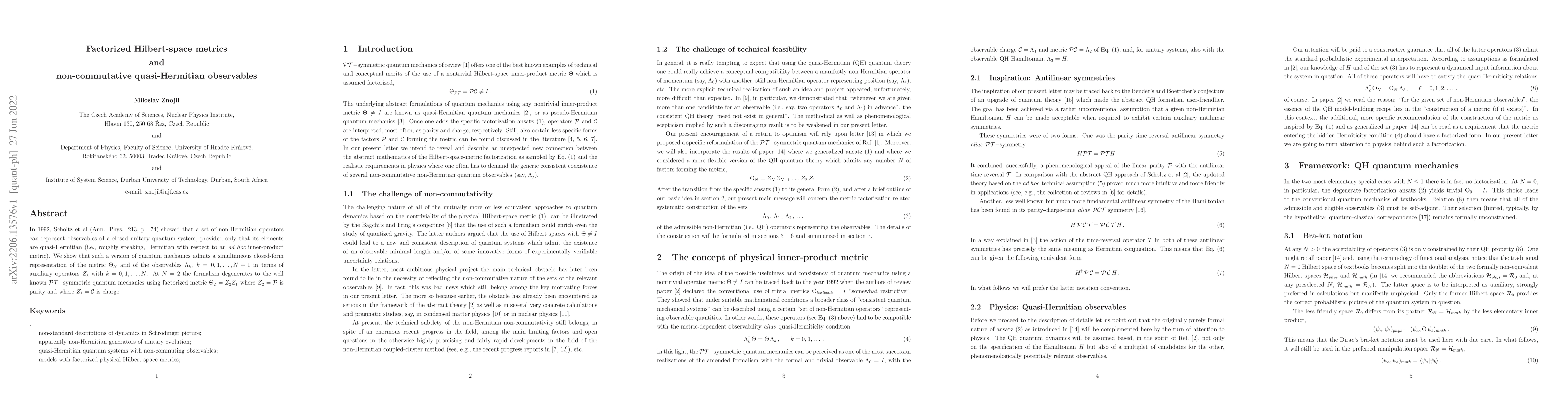 Thumbnail for Factorized Hilbert-space metrics and non-commutative quasi-Hermitian
  observables
