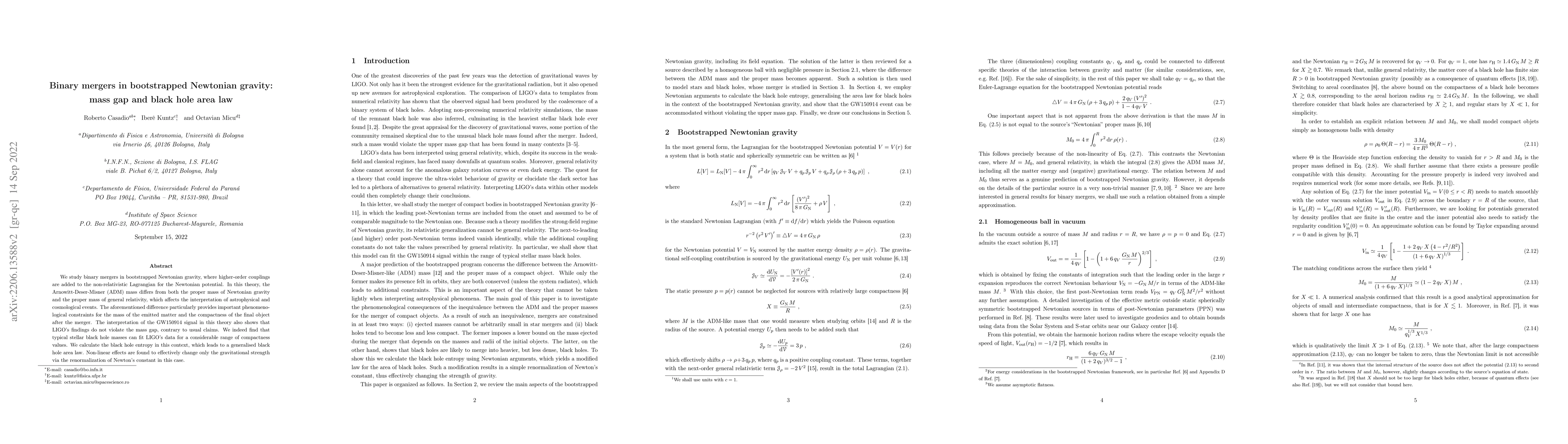 Thumbnail for Binary mergers in bootstrapped Newtonian gravity: mass gap and black
  hole area law