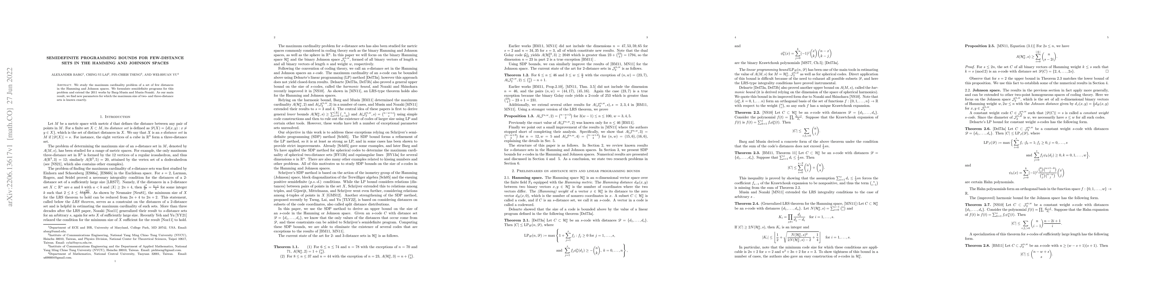 Thumbnail for Semidefinite programming bounds for few-distance sets in the Hamming and
  Johnson spaces