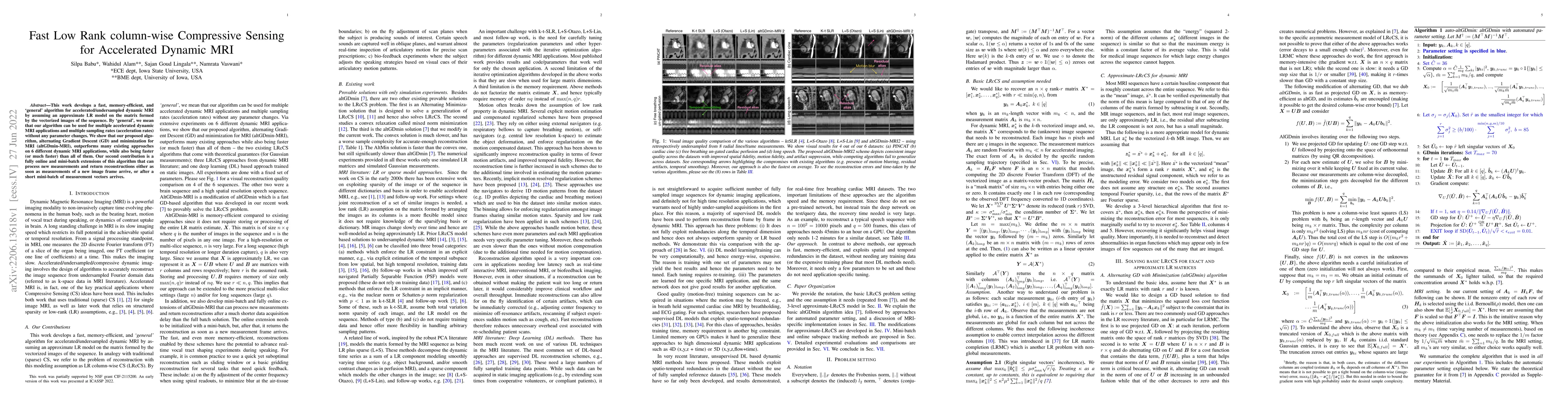 Thumbnail for Fast Low Rank column-wise Compressive Sensing for Accelerated Dynamic
  MRI