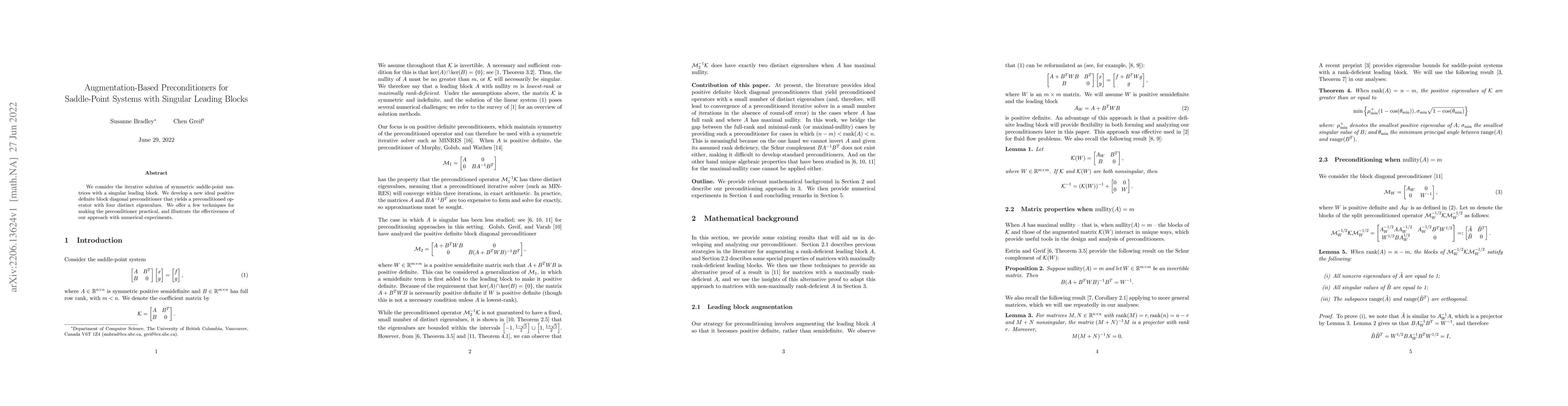 Thumbnail for Augmentation-Based Preconditioners for Saddle-Point Systems with
  Singular Leading Blocks