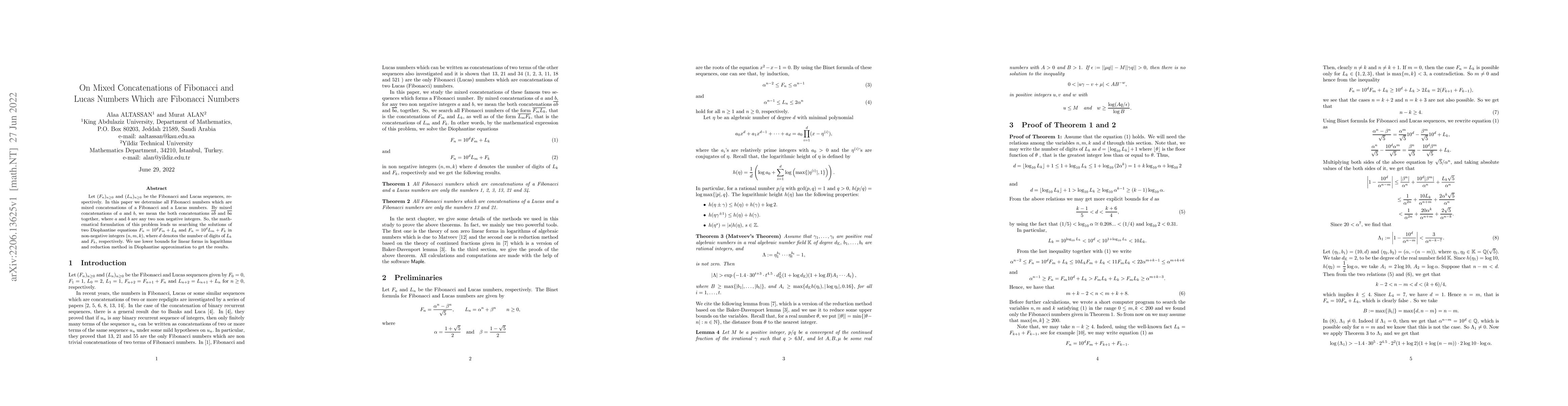 Thumbnail for On Mixed Concatenations of Fibonacci and Lucas Numbers Which are
  Fibonacci Numbers