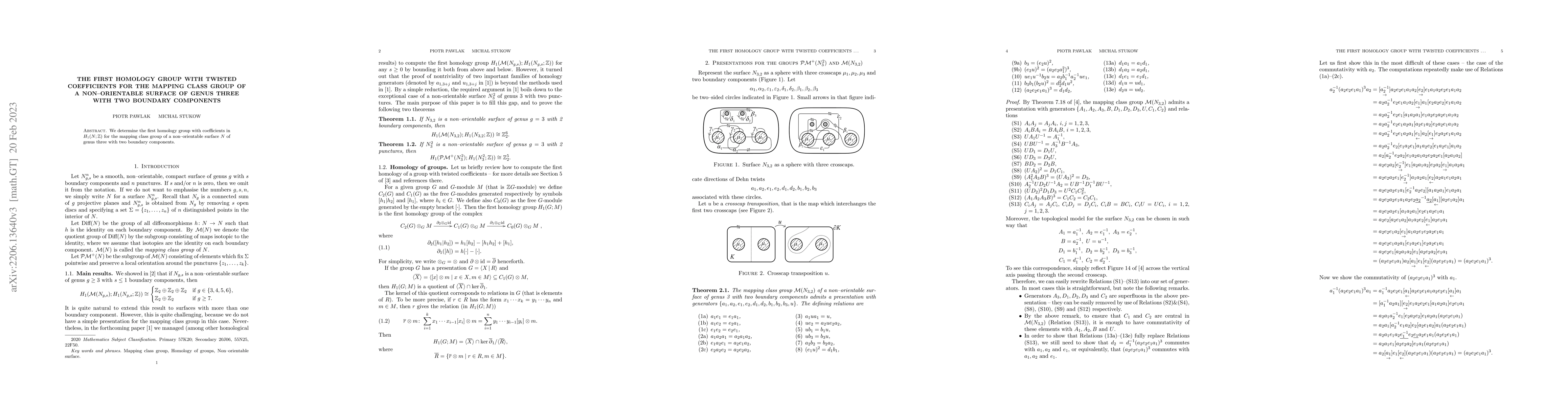 Thumbnail for The first homology group with twisted coefficients for the mapping class
  group of a non-orientable surface of genus three with two boundary components