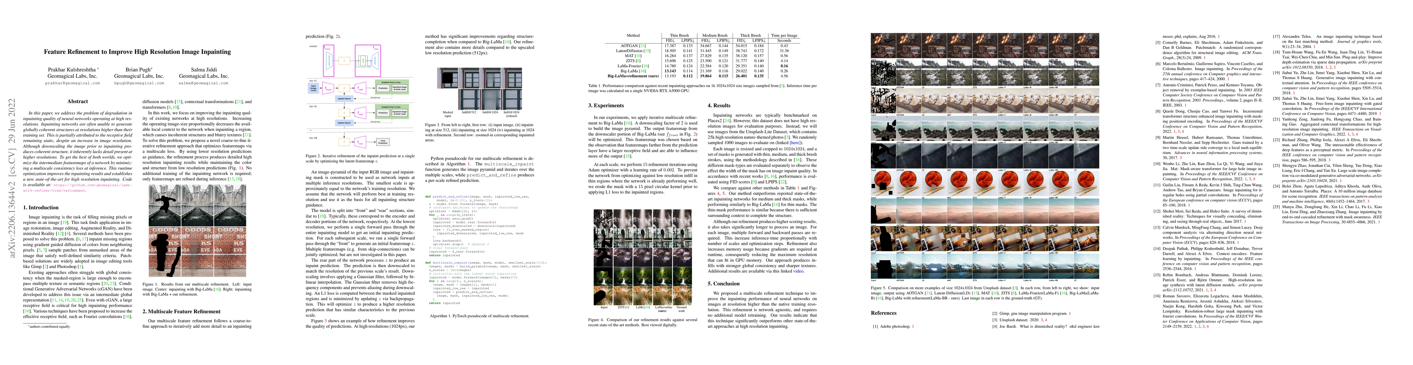 Thumbnail for Feature Refinement to Improve High Resolution Image Inpainting