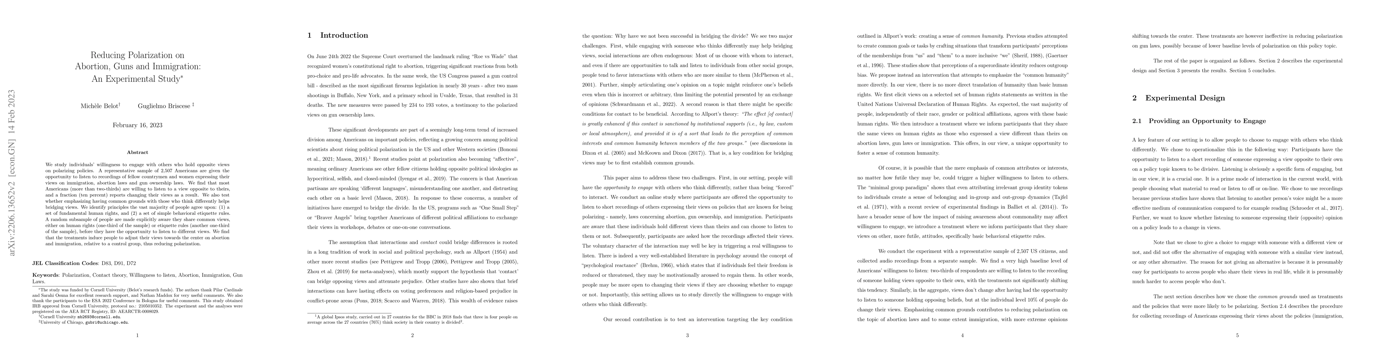 Thumbnail for Reducing Polarization on Abortion, Guns and Immigration: An Experimental
  Study