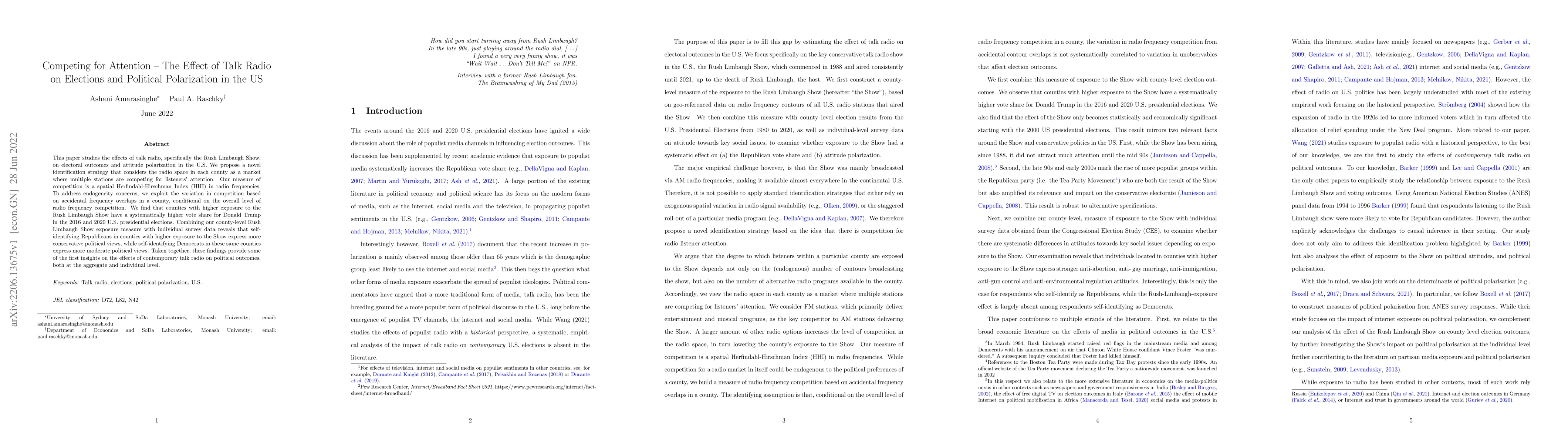 Thumbnail for Competing for Attention -- The Effect of Talk Radio on Elections and
  Political Polarization in the US