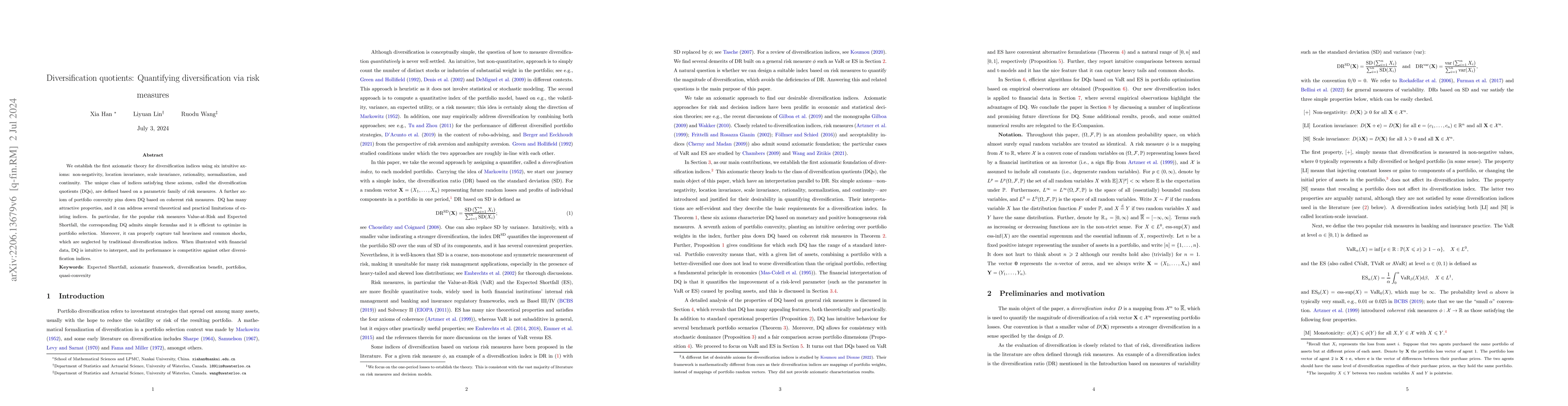 Thumbnail for Diversification quotients: Quantifying diversification via risk measures