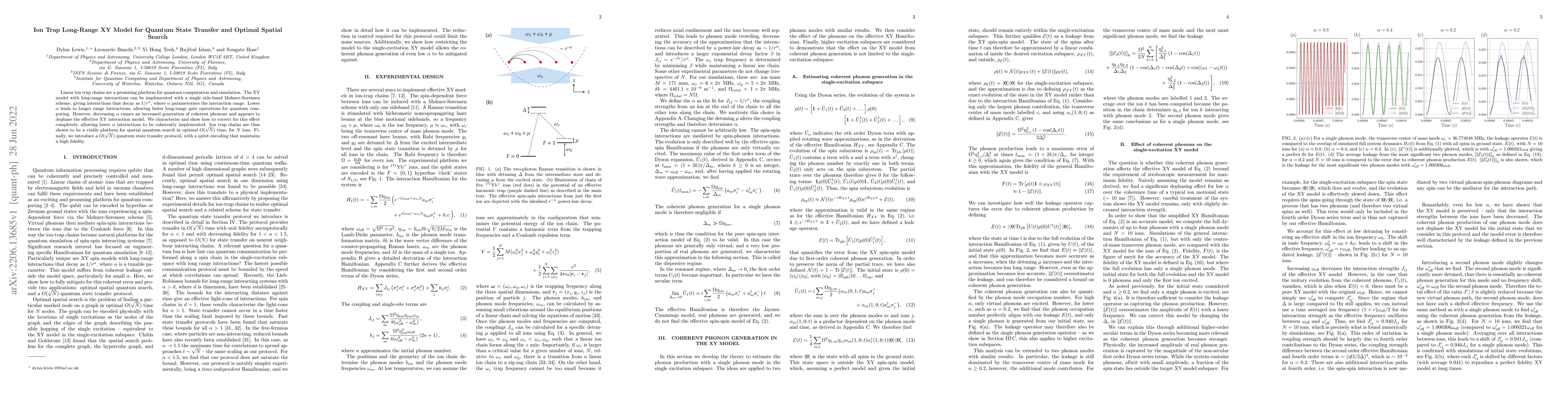 Thumbnail for Ion Trap Long-Range XY Model for Quantum State Transfer and Optimal
  Spatial Search