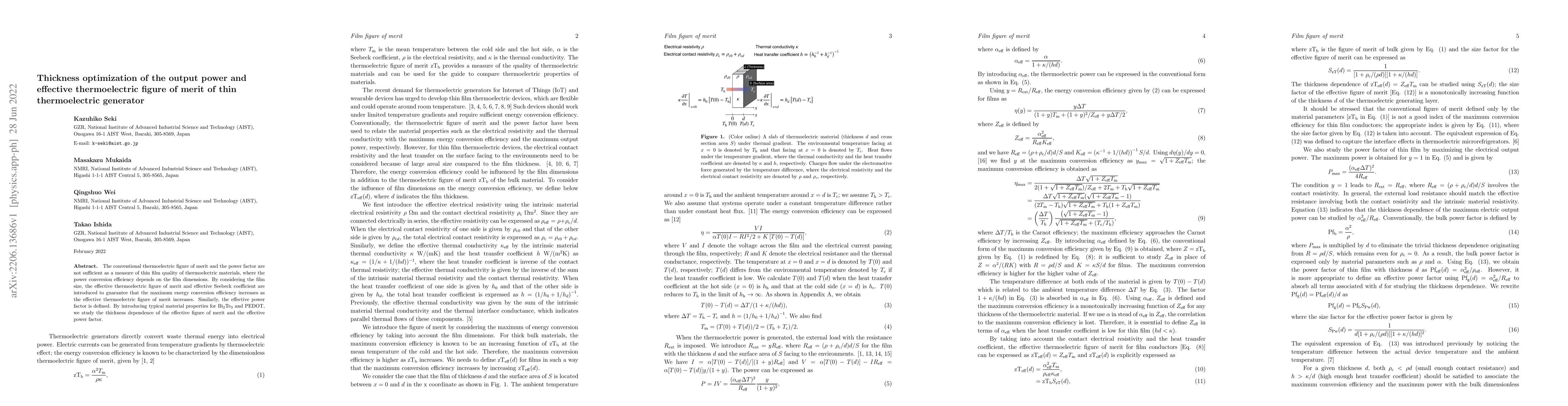 Thumbnail for Thickness optimization of the output power and effective thermoelectric
  figure of merit of thin thermoelectric generator