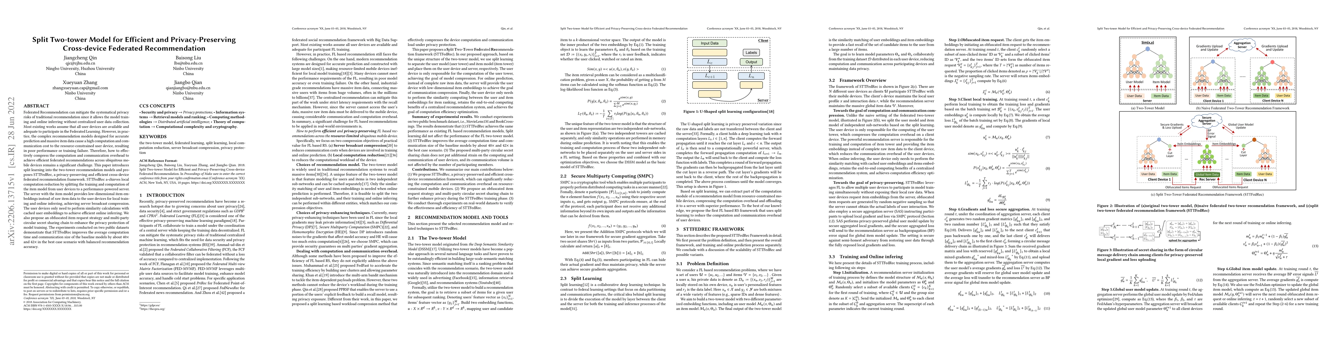 Thumbnail for Split Two-Tower Model for Efficient and Privacy-Preserving Cross-device
  Federated Recommendation