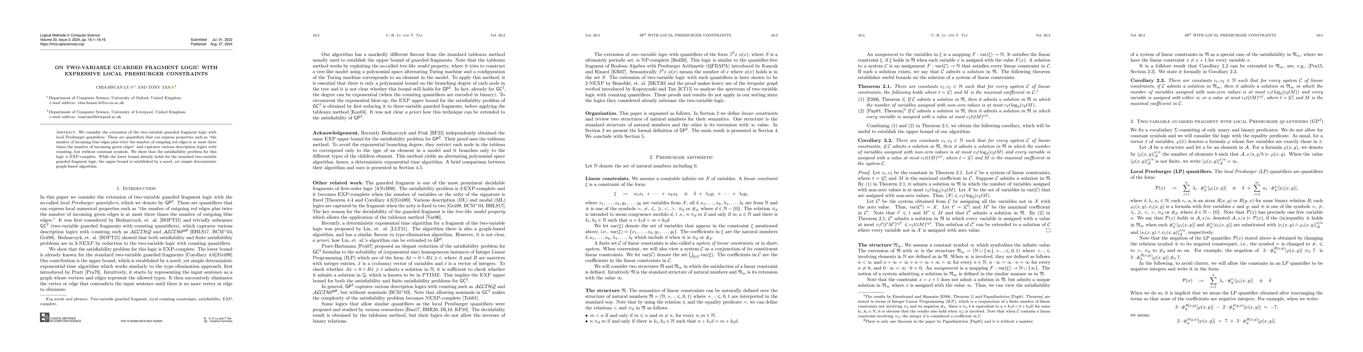 Thumbnail for On two-variable guarded fragment logic with expressive local Presburger
  constraints