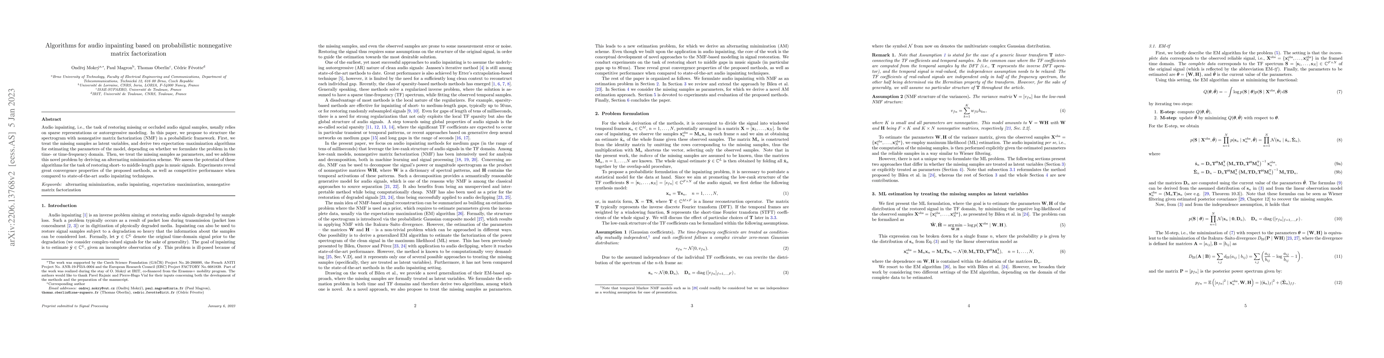 Thumbnail for Algorithms for audio inpainting based on probabilistic nonnegative
  matrix factorization