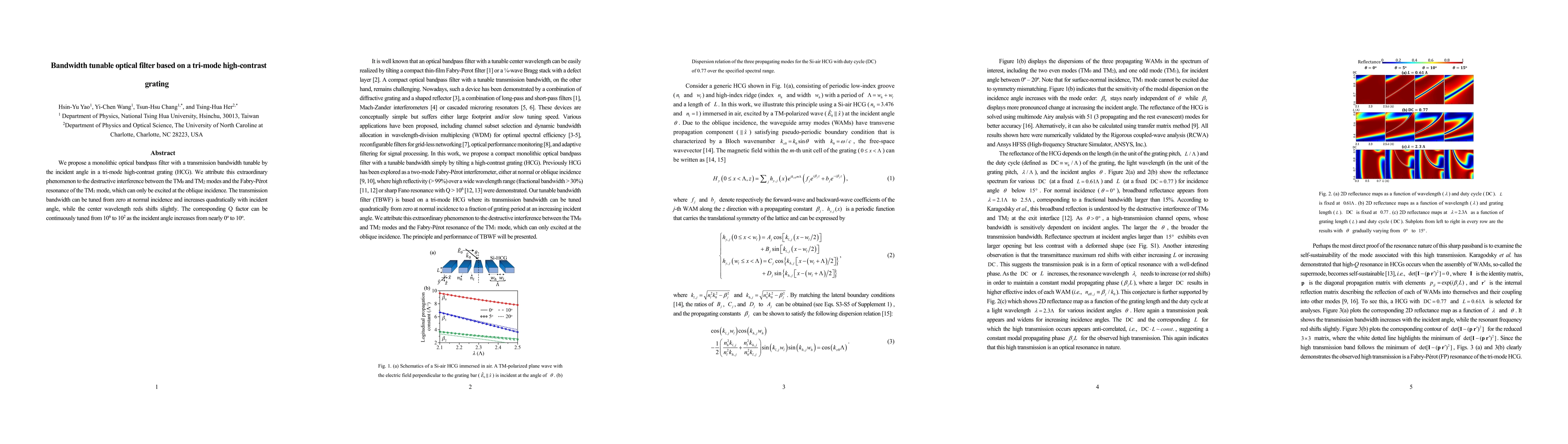Thumbnail for Bandwidth tunable optical filter based on a tri-mode high-contrast
  grating