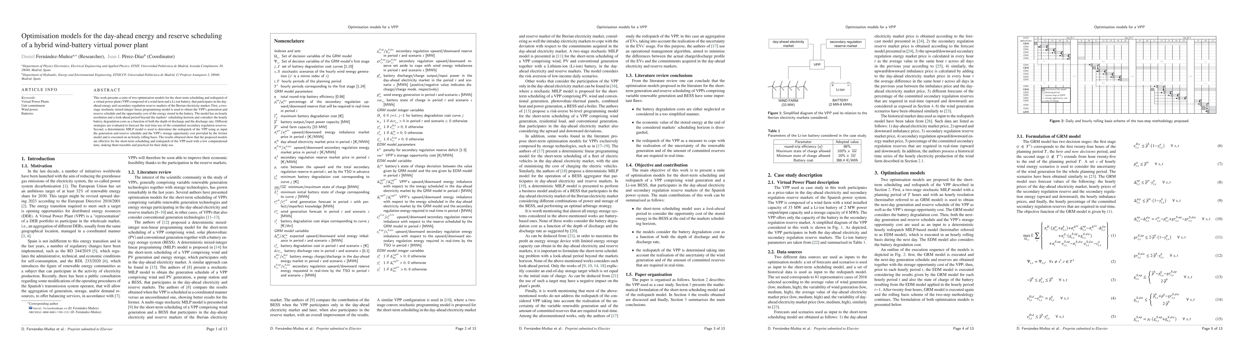 Thumbnail for Optimisation models for the day-ahead energy and reserve scheduling of a
  hybrid wind-battery virtual power plant